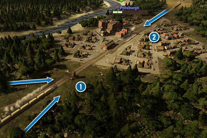 Zamiast stawiać semafory, możesz wykorzystać wieże i stacje przy prostych połączeniach. Z lewej strony są podłączone dwie linię, ale przed jest ustawiona wieża zaopatrzeniowa (1). W ten sposób pociągi uzupełnią braki, sygnalizacja umożliwi wstęp dla pociągów na stację. Są to krótkie, trasy, więc umiejscowienie więzy nie ma dużego znaczenia. Z drugiej strony (2), pociąg nie opuści stacji dopóki dalsza trasa nie będzie wolna, a miejsce na najbliższej bocznicy nie będzie dostępne. - Railway Empire: Sygnalizacja, sygnalizatory i semafory - Railway Empire - poradnik do gry