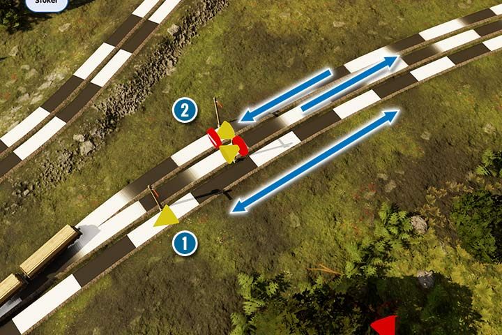 Zwykłe semafory pozwalają na jazdę w obu kierunkach (1), choć pociąg zatrzymuje się tylko przed nim (przed stożkiem wskazującym kierunek). Jeśli będzie jechał z przeciwnej strony, zignoruje sygnał. Semafory jednokierunkowe działają podobnie, ale blokują drogę dla pociągów nadjeżdżających z przeciwnej strony. Nie będziesz mógł nawet stworzyć trasy przy takich ustawieniach. Trasy będą płynąć, jeśli ustawisz ruch na danym docinku tylko w jednym kierunku. - Railway Empire: Sygnalizacja, sygnalizatory i semafory - Railway Empire - poradnik do gry