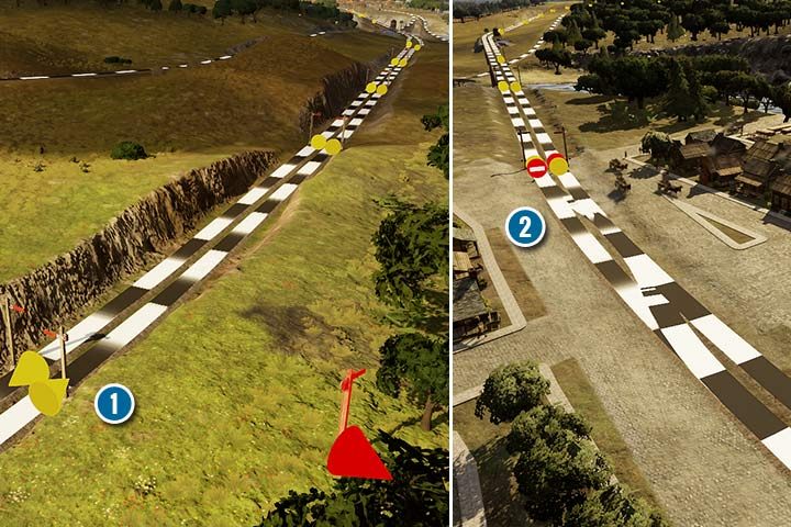 Przy podwójnych torach pamiętaj, aby ustawić sporą liczbę semaforów w równych odstępach, dzięki temu ruch będzie płynny (1). Przed każdą stacją ustaw semafory jednokierunkowe i połącz każdy tor, aby pociągi miały dostęp do kilku peronów (2). - Railway Empire: Sygnalizacja, sygnalizatory i semafory - Railway Empire - poradnik do gry