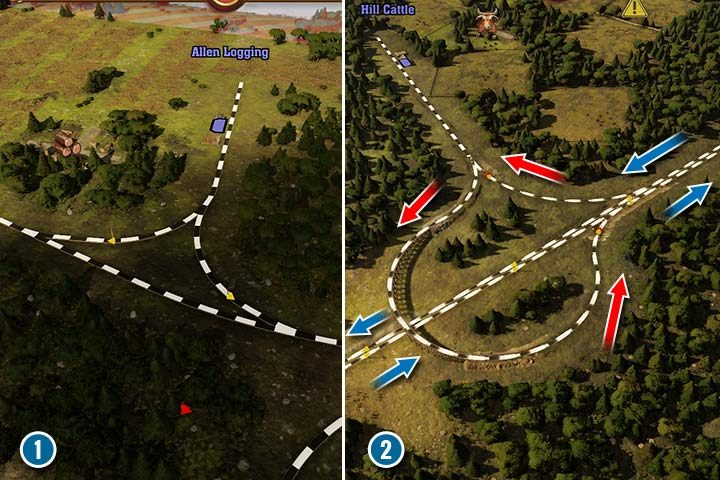 Proste połączenie wymaga podłączenie torów do głównej nitki i ustawienia semaforów przy każdym zjeździe (1). Jeśli chcesz połączyć linię do dużej, dwutorowej trasy, musisz podpiąć oddzielny tor do każdego kierunku (2). Niebieskie strzałki wskazują na kierunki na trasie głównej, a czerwone strzałki na kierunek trasy, która odbija/łączy się z główną nitką. - Railway Empire: Sygnalizacja, sygnalizatory i semafory - Railway Empire - poradnik do gry