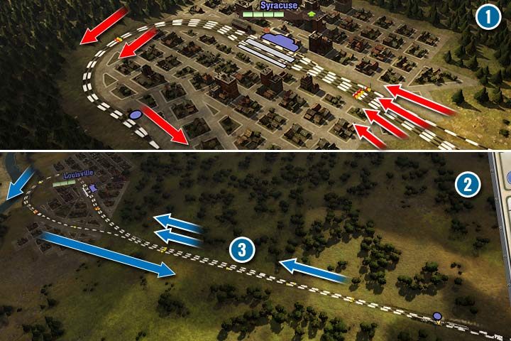 Przy naprawdę dużej liczbie pociągów, możesz zbudować kilka tras wejściowych, ale przy wyjeżdzie łączyć trasy sukcesywnie (1). Czyli w przypadku 4, połączyć najpierw po 2, a potem w jeden tor, który wróci do głównej nitki dwutorowej. Możesz też w ten sam sposób dzielić główny tor, na mniejsze, aby wykorzystać większą ilość peronów (2). W pewnej odległości przed stacją, zbuduj dodatkowy tor(y), aby rozładować ruch przed samą stacją (3). W ten sposób pociągi skrócą czas na zajęcie peronu. - Railway Empire: Sygnalizacja, sygnalizatory i semafory - Railway Empire - poradnik do gry