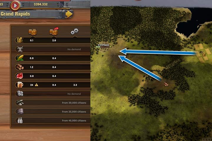 Grand Rapids jest małym miastem i potrzebuje pięciu produktów do rozwoju. W pierwszej kolumnie widzisz ile towarów jest w mieście, potem zapotrzebowanie, a następnie ile z nich jest produkowanych. Widać, że browar w tym mieście nie ma rynku zbytu, a w pobliżu jest ośrodek produkcyjny zboża i drewna. Jest to dobre miejsce na rozbudowę sieci kolejowej. - Railway Empire: Miasta, fabryki - jak rozwijać? - Railway Empire - poradnik do gry