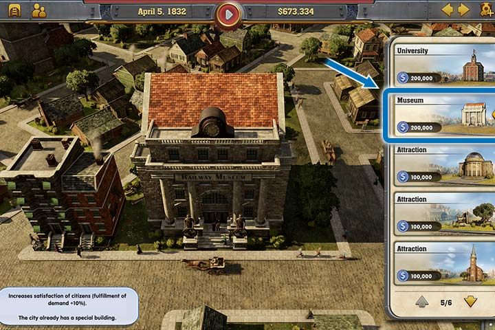 Budowanie muzeum jest pomocnym rozwiązaniem, jeśli masz problem z utrzymaniem wskaźnika zaspokojenia potrzeb mieszkańców miasta - Railway Empire: Miasta, fabryki - jak rozwijać? - Railway Empire - poradnik do gry