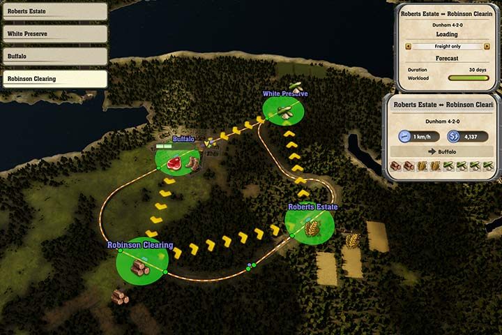 Jeden pociąg obsługuje kilka stacji z surowcami. Przy małym mieście, jeden skład kolejowy wystarczy. Z czasem, można dodać więcej pociągów, ponieważ ruch działa na zasadzie pętli i jest jednokierunkowy. - Railway Empire: Budowanie torów, tworzenie linii - Railway Empire - poradnik do gry