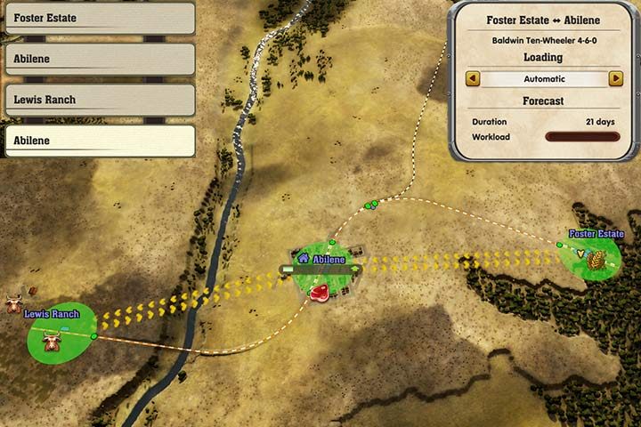 Jedne pociąg może obsłużyć kilka zakładów w różnych lokacjach. Na tym przykładzie, pociąg załaduje zboże i dowiezie go do miasta. Potem, obierze kierunek na ranczo i zabierze bydło do fabryki w mieście. Na początku zapotrzebowanie jest małe, wiec nie ma potrzeby tworzenia dwóch oddzielnych linii. - Railway Empire: Budowanie torów, tworzenie linii - Railway Empire - poradnik do gry