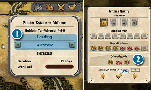 Automatyczny załadunek to domyślna i najczęstsza opcja, którą będziesz wybierał (1). Czasem będziesz ręcznie wybierał, co pociąg załaduje na danej straci (2). - Railway Empire: Budowanie torów, tworzenie linii - Railway Empire - poradnik do gry