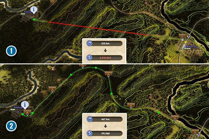 Budowanie połączeń w trudnym terenie może okazać się kosztowne (1), ale odpowiednie wykorzystanie terenu może zmniejszyć wydatki na budowę nowych torów (2). - Railway Empire: Rozdział 2, Wczesne dni - kampania, solucja - Railway Empire - poradnik do gry