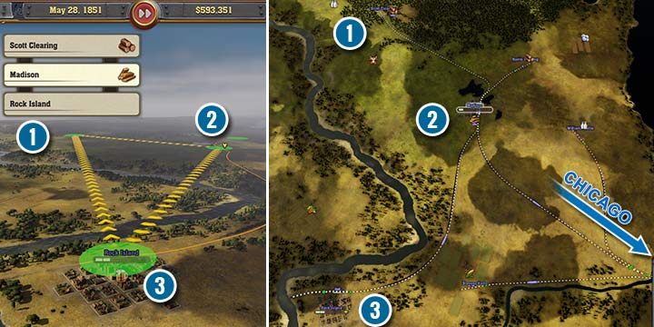 Jest prosty sposób na przyspieszenie budowy mostu w Rock Spring. Na północy jest jeden z dwóch zakładów produkujących drewno np. zakład Scotta (1). W Madison jest miejsce na budowę tartaku (2), a stąd jest bardzo blisko do Rock Spring (3). Po skończeniu budowy, możesz wozić oba produkty do Chicago. - Railway Empire: Rozdział 3, Nad Missisipi - kampania, solucja - Railway Empire - poradnik do gry
