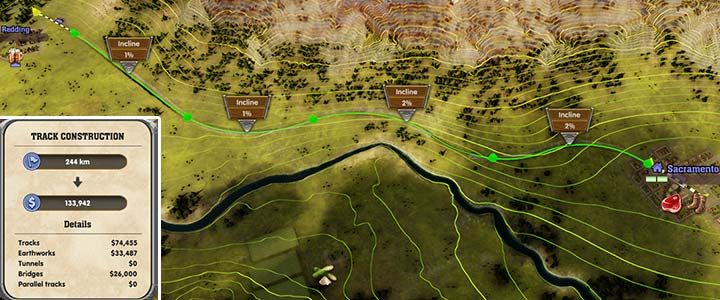 Umiejętne budowanie torów pozwoli zaoszczędzić sporo pieniędzy i zapewnić w miarę płaską trasę. - Railway Empire: Rozdział 5, Sierra Nevada - kampania, solucja - Railway Empire - poradnik do gry