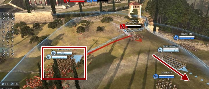 Dobrą strategią jest rozdzielenie oddziałów, gdy nadciąga na ciebie piechota. Gdy wróg goni za jednym oddziałem, pozostałe nadal zadają mu obrażenia. - Łucznicy w Total War Arena - Total War Arena - poradnik do gry