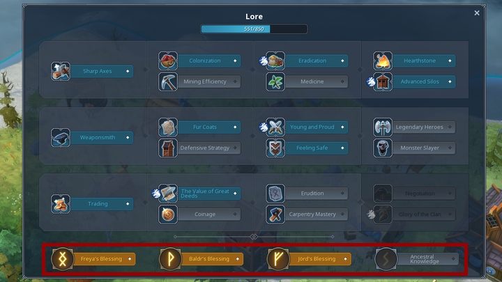 Błogosławieństwa znajdują się w menu folkloru pod profitami. - Nortgard - Folklor | Mechanika gry - Northgard - poradnik do gry