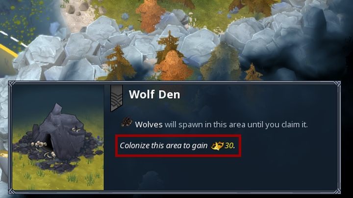 Panel informacji o obszarze poinformuje cię o ilości punków sławy, które otrzymasz za jego przejęcie. - Northgard - Sława | Mechanika gry - Northgard - poradnik do gry