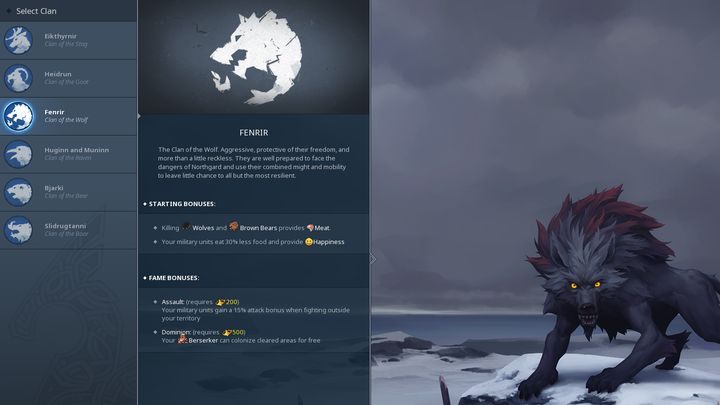 Ekran wyboru klanu w trybie swobodnym zawiera wszystkie ważne informacje odnośnie danego klanu. - Który klan w Northgard jest najlepszy? | FAQ - Northgard - poradnik do gry