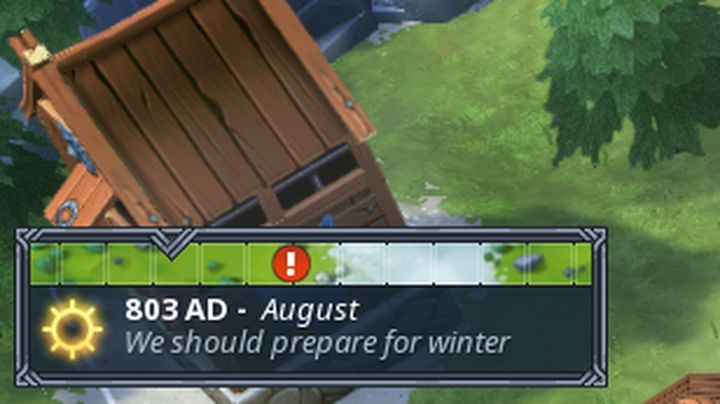 Kalendarz z naniesioną informacją o nadchodzącym zdarzeniu. Gdy wykrzyknik dotrze do strzałki zdarzenie będzie mieć miejsce. - Northgard - Czas i zdarzenia losowe | Mechanika gry - Northgard - poradnik do gry