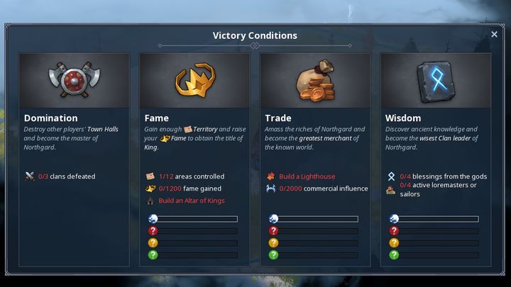 Menu z informacjami odnośnie warunków zwycięstwa. - Jak sprawdzić czego brakuje mi do zwycięstwa? | FAQ - Northgard - poradnik do gry