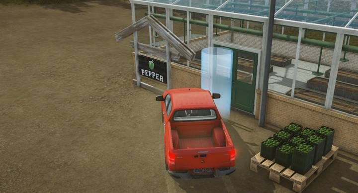 Rośliny pojawiają się w pojemnikach przed szklarnią. Możesz je zebrać dowolnym rodzajem przyczepy lub pickupem. - Szklarnie w Pure Farming 2018 - Pure Farming 2018 - poradnik do gry