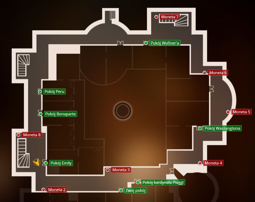 Na drugie piętro zamku dostaniesz się w rozdziale pierwszym - po zakończeniu rozmowy wszyscy goście udadzą się do swoich pokoi, a ty możesz przeszukać całe piętro - Monety w The Council, Epizod 1 - The Council - poradnik do gry