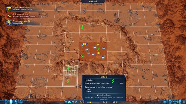 W tym miejscu dowiesz się, w jaki sposób korzystać z mapy, aby uzyskać potrzebne Ci informacje - Interfejs - Mapa w Surviving Mars | Podstawy - Surviving Mars - poradnik do gry
