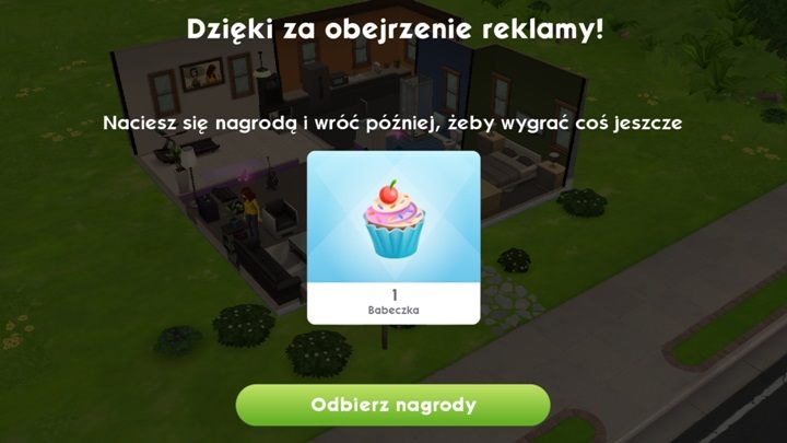 Trochę szczęścia - babeczka zdobyta dzięki obejrzeniu reklamy - Czy opłaca się oglądać reklamy w The Sims Mobile? - The Sims Mobile - poradnik do gry