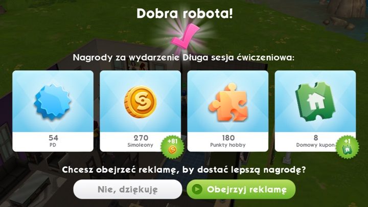 Po niektórych wydarzeniach, zazwyczaj dotyczących pracy, dostaniesz propozycję obejrzenia reklamy - Czy opłaca się oglądać reklamy w The Sims Mobile? - The Sims Mobile - poradnik do gry