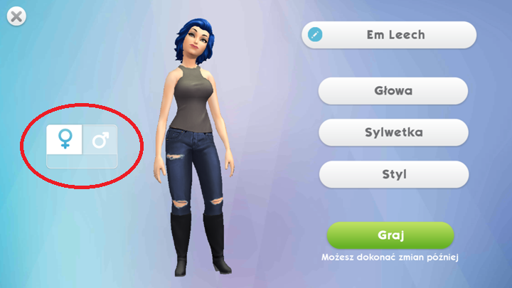 Jeśli chcesz zmienić płeć swojego sima wystarczy, że klikniesz na odpowiedni symbol - Imię, wiek i płeć | Tworzenie Sima i jego rozwój w The Sims Mobile - The Sims Mobile - poradnik do gry