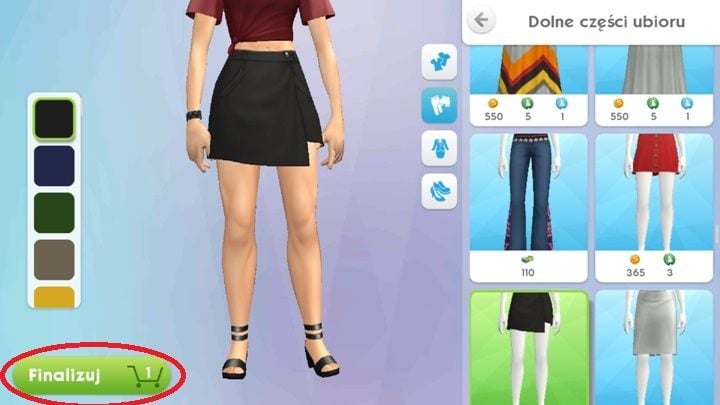 Aby zakupić nowy przedmiot wystarcz, że założysz go na swojego sima, a potem klikniesz przycisk finalizuj - Kupno ubrań, fryzur i dodatków w The Sims Mobile | Styl - The Sims Mobile - poradnik do gry