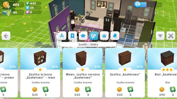 W tym dość niecodziennym miejscu znalazły się blaty i szafki kuchenne - Tryb budowania | Dom Sima w The Sims Mobile - The Sims Mobile - poradnik do gry