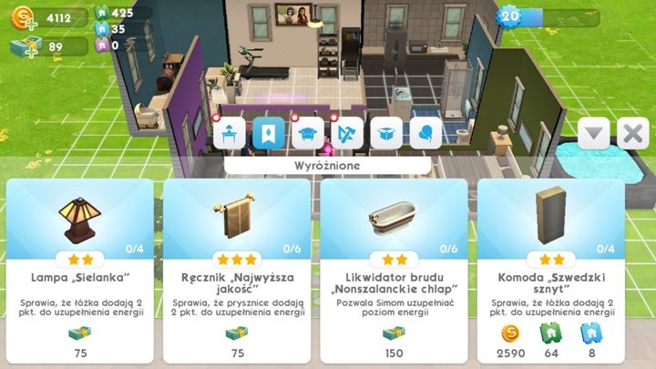 W wyróżnionych gra pokaże ci 4 przedmioty, które uznaje za najbardziej ci potrzebne i użyteczne - Wyróżnione i Przechowywanie | Dom Sima w The Sims Mobile - The Sims Mobile - poradnik do gry