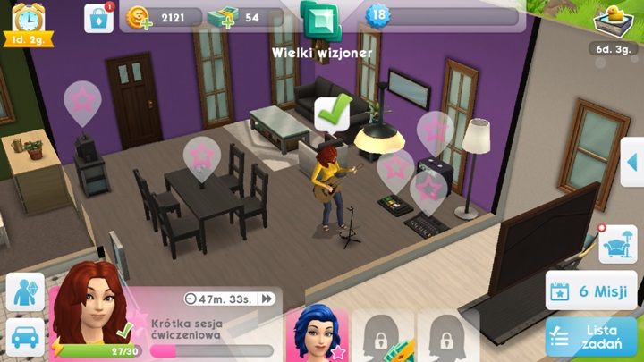 Gdy zadanie sima zakończy się pojawi się taki znaczek jak na screenie powyżej - Sterowanie i wymagania sprzętowe w The Sims Mobile - The Sims Mobile - poradnik do gry