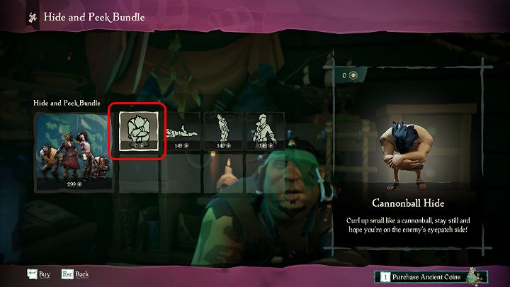 Gdy porozmawiasz ze sklepikarzem szukaj pakietów emotek w których nazwie znajduje się słowo Hide - Sea of Thieves: Tucking - grabież, porady - Sea of Thieves - poradnik do gry