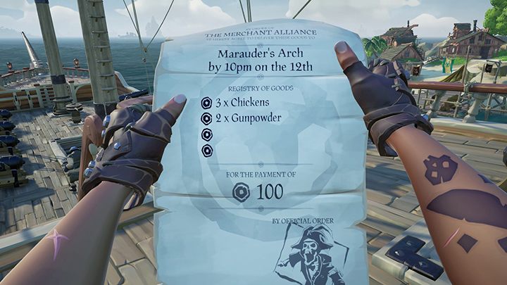 Przykładowy kontrakt dla Merchant Alliance - dostarcz 3 kurczaki i 2 beczki prochu na wyspę Marauders Arch do 10 godziny wieczorem dnia 12. - Frakcje i rodzaje misji w Sea of Thieves - Sea of Thieves - poradnik do gry