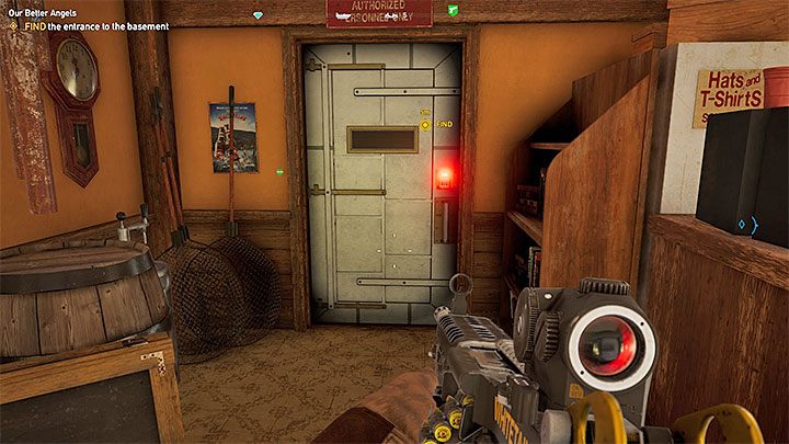 Od jednej z osób na terenie byłego posterunku (Nolans Fly Shop) dowiesz się o aniołach (osobach będących pod wpływem Błogości), którzy przebywają w piwnicy sklepu - Misje poboczne | Rzeka Henbane | Solucja Far Cry 5 - Far Cry 5 - poradnik do gry