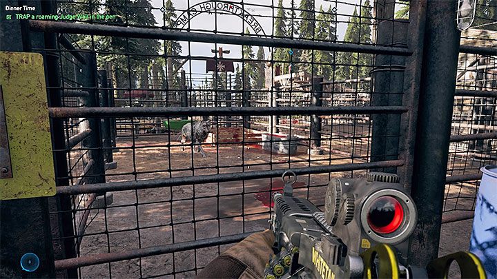 Oddal się na kilkadziesiąt metrów od klatki, bo plan działania zakłada zwabienie wilka-sędziego do kojca - Czas na obiad | Góry Whitetail | Solucja Far Cry 5 - Far Cry 5 - poradnik do gry