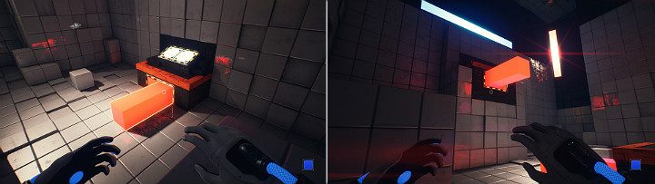 Przy pomocy odpowiedniego przycisku wysuń pomarańczową kostkę znajdującą się z prawej strony konsoli - Chapter 1 - Forgotten Roots - Solucja Q.U.B.E. 2 - Q.U.B.E. 2 - poradnik do gry