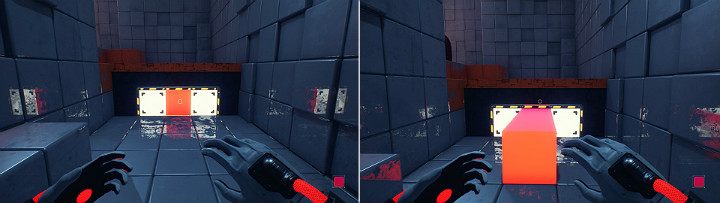 Wybierz jeden z dostępnych kwadratów panelu i stwórz pomarańczową kostkę po czym wysuń ją ze ściany, aby mieć możliwość wskoczenia na wyższe piętro - Chapter 1 - Forgotten Roots - Solucja Q.U.B.E. 2 - Q.U.B.E. 2 - poradnik do gry