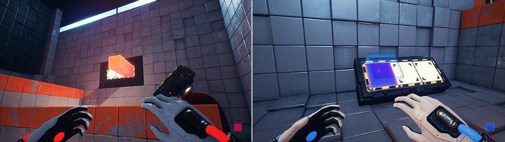 Wysuń pomarańczową kostkę w sposób pokazany na pierwszym obrazku po czym aktywuj niebieską kostkę z lewej strony konsoli - Chapter 1 - Forgotten Roots - Solucja Q.U.B.E. 2 - Q.U.B.E. 2 - poradnik do gry