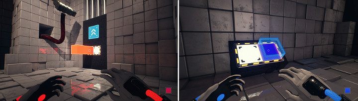 Wysuń pomarańczową kostkę z panelu ściennego, jak na pierwszym obrazku po czym aktywuj niebieską kostkę z prawej strony konsoli - Chapter 2 - The Ropes - Solucja Q.U.B.E. 2 - Q.U.B.E. 2 - poradnik do gry