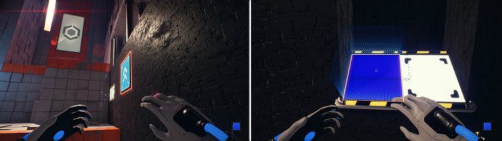 Stojąc na wcześniej wysuniętym panelu włącz suwnicę po czym aktywuj niebieską kostkę z lewej strony panelu i wskocz na nią - Chapter 2 - The Ropes - Solucja Q.U.B.E. 2 - Q.U.B.E. 2 - poradnik do gry