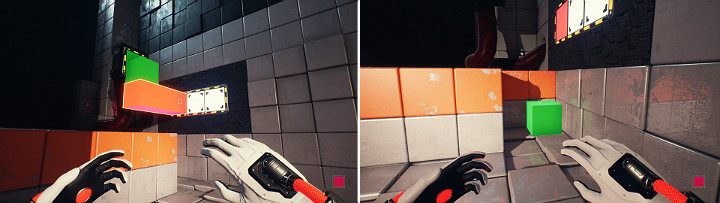 Uruchom na panelu ściennym pomarańczową kostkę po czym posadź na niej zieloną kostkę - Chapter 3 - House of Leaves - Solucja Q.U.B.E. 2 - Q.U.B.E. 2 - poradnik do gry