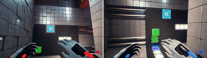 Przesuń suwnicę w prawą stronę po czym włącz na dolnym panelu niebieską kostkę i wyciągnij zieloną ze ściany - Chapter 3 - House of Leaves - Solucja Q.U.B.E. 2 - Q.U.B.E. 2 - poradnik do gry