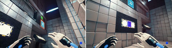 Aktywuj suwnicę, aby przesunęła się w lewą stronę, a następnie aktywuj niebieską kostkę na środku panelu ściennego - Chapter 3 - House of Leaves - Solucja Q.U.B.E. 2 - Q.U.B.E. 2 - poradnik do gry