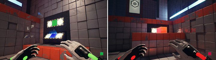 W środkowej części panelu ściennego stwórz zieloną kostkę, a tuż pod nią stwórz niebieską kostkę - Chapter 4 - Lost in Transmission - Solucja Q.U.B.E. 2 - Q.U.B.E. 2 - poradnik do gry