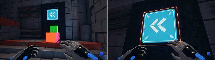 Zielona kostka wyląduje na wcześniej stworzonej pomarańczowej kostce, tworząc schodki - Chapter 4 - Lost in Transmission - Solucja Q.U.B.E. 2 - Q.U.B.E. 2 - poradnik do gry