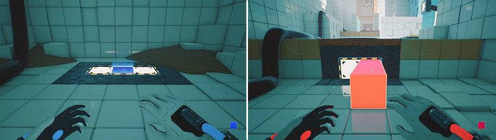 Stwórz niebieską kostkę, aby wskoczyć wyżej po czym wysuń ze ściany pomarańczową kostkę, aby stworzyć stopień - Chapter 5 - Tangled (The Machine) - Solucja Q.U.B.E. 2 - Q.U.B.E. 2 - poradnik do gry