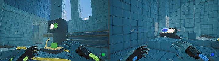 Stwórz zieloną kostkę i wysuń ją, aby włączyć drugi przycisk po czym odwróć się w stronę konsoli i stwórz na niej niebieską kostkę - Chapter 5 - Tangled (The Machine) - Solucja Q.U.B.E. 2 - Q.U.B.E. 2 - poradnik do gry