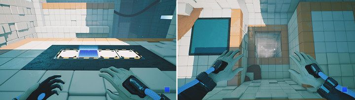 Aktywuj niebieską kostkę na panelu po czym wyskocz w powietrze i pozwól wentylatorowi wykonać swoją pracę - Chapter 5 - Tangled (The Machine) - Solucja Q.U.B.E. 2 - Q.U.B.E. 2 - poradnik do gry