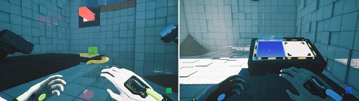 Wysuń zieloną kostkę ze ściany, aby spadła na duży przycisk po czym stwórz niebieską kostkę z lewej strony konsoli i wskocz na wyższy poziom - Chapter 5 - Tangled (The Machine) - Solucja Q.U.B.E. 2 - Q.U.B.E. 2 - poradnik do gry