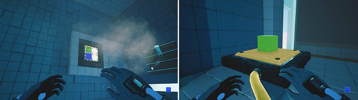 Stań na dużym przycisku zaraz przy przepaści, aby uruchomić wentylatory po czym stwórz zieloną kostkę w górnej części panelu, a niebieską kostkę zaraz pod nią - Chapter 5 - Tangled (The Machine) - Solucja Q.U.B.E. 2 - Q.U.B.E. 2 - poradnik do gry