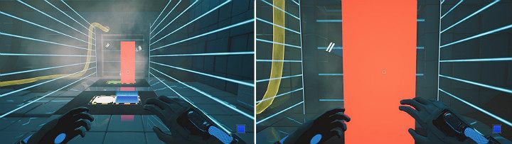 Stwórz pomarańczową kostkę na tylnym panelu z prawej strony (nie modyfikuj zielonej kostki, bo zamkniesz przejście), a niebieską kostkę z przodu - Chapter 5 - Tangled (The Machine) - Solucja Q.U.B.E. 2 - Q.U.B.E. 2 - poradnik do gry