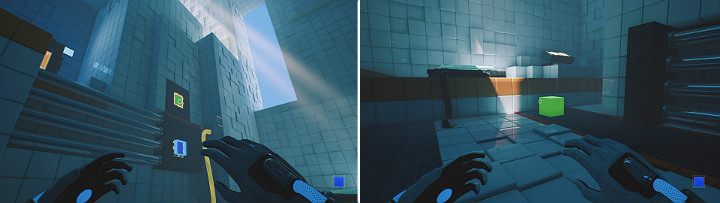 Po raz kolejny wysuń zieloną kostkę, która tym razem odbije się od niebieskiej kostki i spadnie na taśmociąg po przeciwnej stronie pomieszczenia - Chapter 5 - Tangled (The Machine) - Solucja Q.U.B.E. 2 - Q.U.B.E. 2 - poradnik do gry